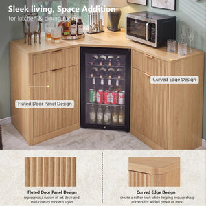 English Elm K&k Fluted Corner Bar Cabinet with Fridge Space Power Outlet and Wine Glass Holders Natural Oak N707S542031Y