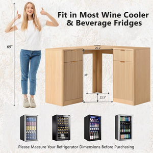 English Elm K&k Fluted Corner Bar Cabinet with Fridge Space Power Outlet and Wine Glass Holders Natural Oak N707S542031Y