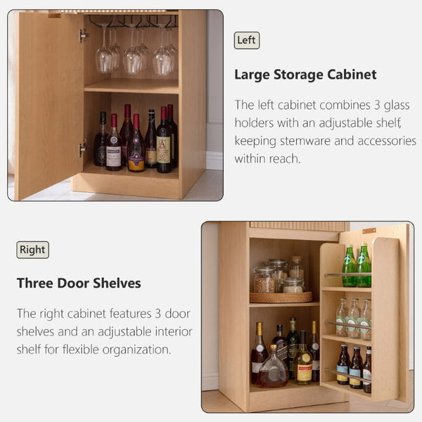 English Elm K&k Fluted Corner Bar Cabinet with Fridge Space Power Outlet and Wine Glass Holders Natural Oak N707S542031Y