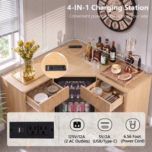 English Elm K&k Fluted Corner Bar Cabinet with Fridge Space Power Outlet and Wine Glass Holders Natural Oak N707S542031Y