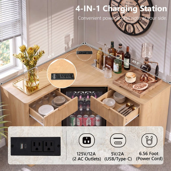 English Elm K&k Fluted Corner Bar Cabinet with Fridge Space Power Outlet and Wine Glass Holders Natural Oak N707S542031Y