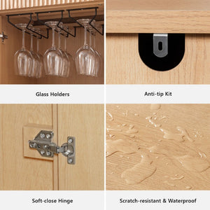 English Elm K&k Fluted Corner Bar Cabinet with Fridge Space Power Outlet and Wine Glass Holders Natural Oak N707S542031Y