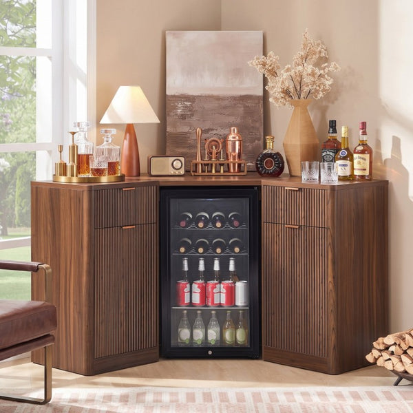 English Elm K&k Fluted Corner Bar Cabinet with Fridge Space Power Outlet and Wine Glass Holders Walnut Brown N707S542031Z