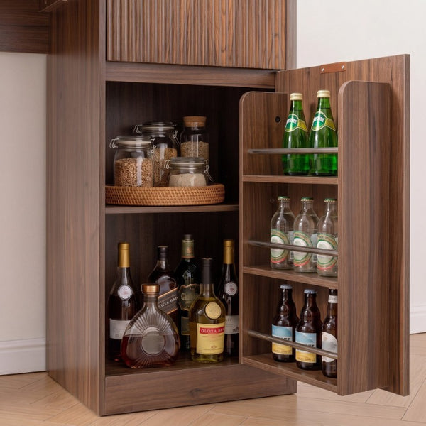 English Elm K&k Fluted Corner Bar Cabinet with Fridge Space Power Outlet and Wine Glass Holders Walnut Brown N707S542031Z