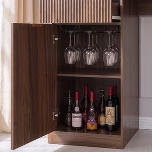 English Elm K&k Fluted Corner Bar Cabinet with Fridge Space Power Outlet and Wine Glass Holders Walnut Brown N707S542031Z