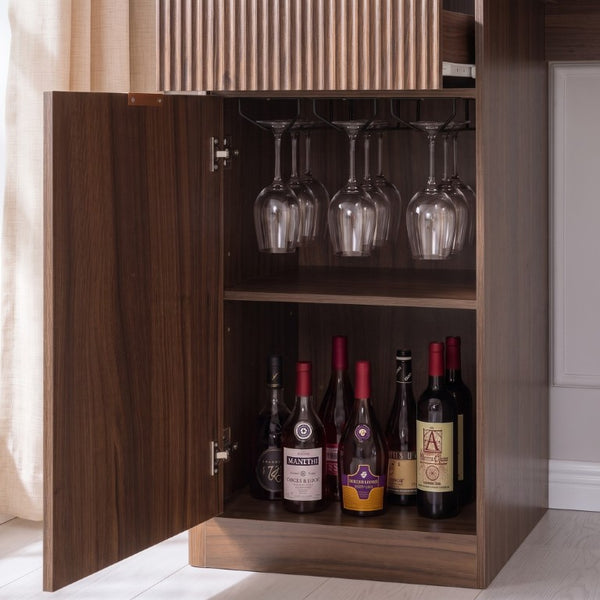 English Elm K&k Fluted Corner Bar Cabinet with Fridge Space Power Outlet and Wine Glass Holders Walnut Brown N707S542031Z