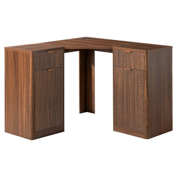 English Elm K&k Fluted Corner Bar Cabinet with Fridge Space Power Outlet and Wine Glass Holders Walnut Brown N707S542031Z