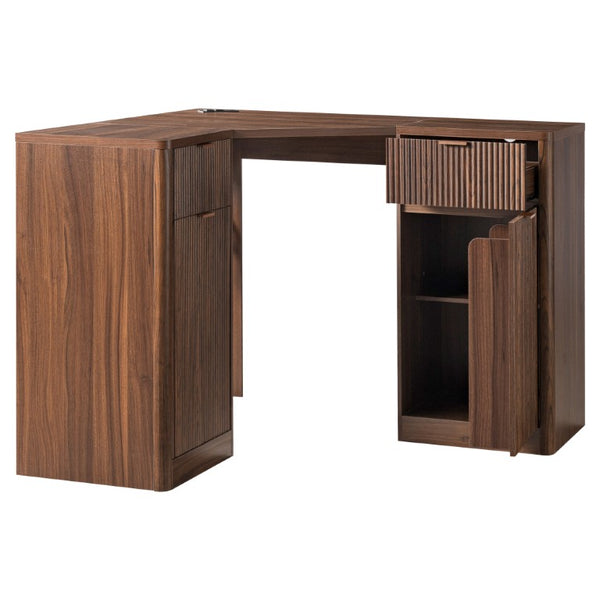 English Elm K&k Fluted Corner Bar Cabinet with Fridge Space Power Outlet and Wine Glass Holders Walnut Brown N707S542031Z