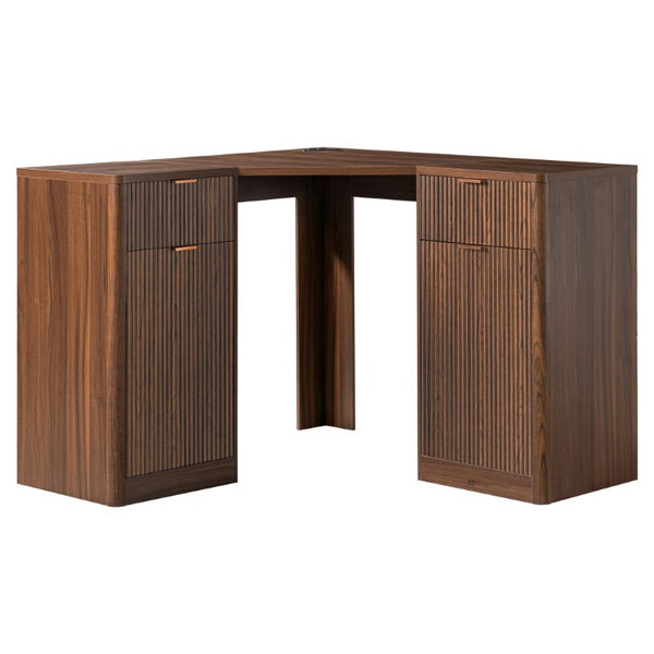 English Elm K&k Fluted Corner Bar Cabinet with Fridge Space Power Outlet and Wine Glass Holders Walnut Brown N707S542031Z