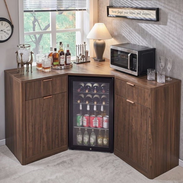 English Elm K&k Fluted Corner Bar Cabinet with Fridge Space Power Outlet and Wine Glass Holders Walnut Brown N707S542031Z