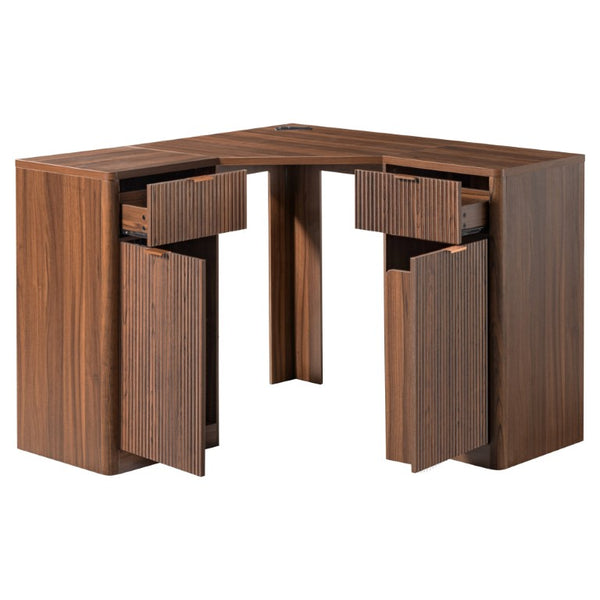 English Elm K&k Fluted Corner Bar Cabinet with Fridge Space Power Outlet and Wine Glass Holders Walnut Brown N707S542031Z