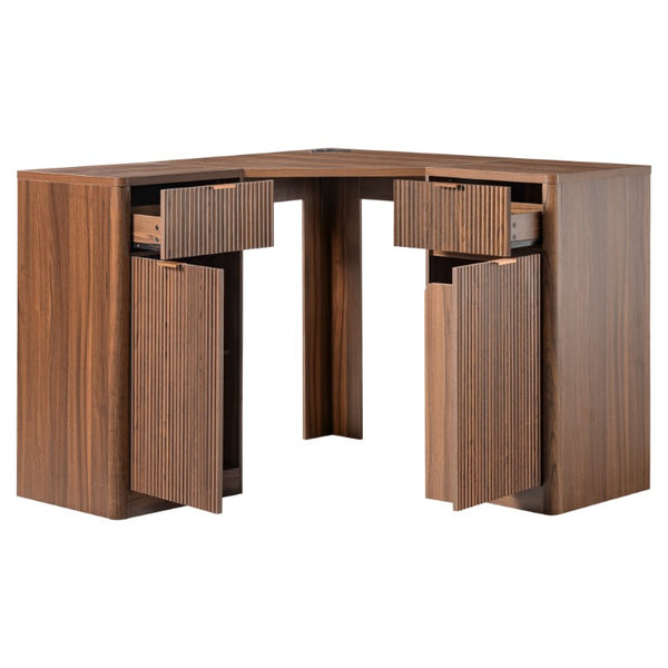 English Elm K&k Fluted Corner Bar Cabinet with Fridge Space Power Outlet and Wine Glass Holders Walnut Brown N707S542031Z