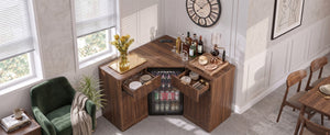 English Elm K&k Fluted Corner Bar Cabinet with Fridge Space Power Outlet and Wine Glass Holders Walnut Brown N707S542031Z