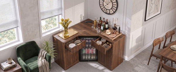 English Elm K&k Fluted Corner Bar Cabinet with Fridge Space Power Outlet and Wine Glass Holders Walnut Brown N707S542031Z