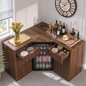 English Elm K&k Fluted Corner Bar Cabinet with Fridge Space Power Outlet and Wine Glass Holders Walnut Brown N707S542031Z