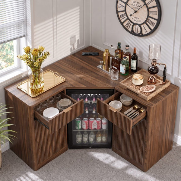 English Elm K&k Fluted Corner Bar Cabinet with Fridge Space Power Outlet and Wine Glass Holders Walnut Brown N707S542031Z