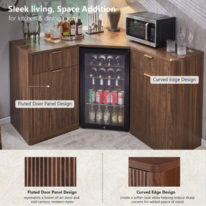 English Elm K&k Fluted Corner Bar Cabinet with Fridge Space Power Outlet and Wine Glass Holders Walnut Brown N707S542031Z
