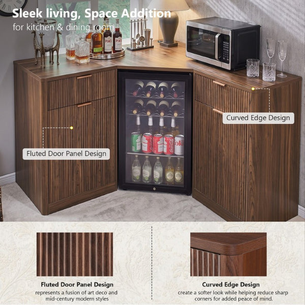 English Elm K&k Fluted Corner Bar Cabinet with Fridge Space Power Outlet and Wine Glass Holders Walnut Brown N707S542031Z