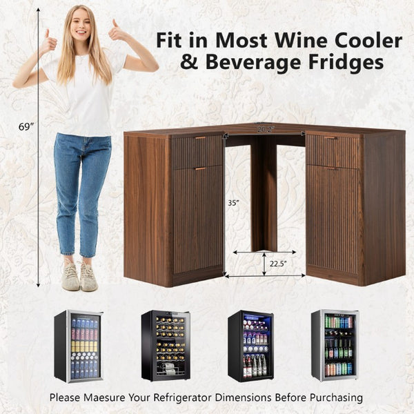 English Elm K&k Fluted Corner Bar Cabinet with Fridge Space Power Outlet and Wine Glass Holders Walnut Brown N707S542031Z