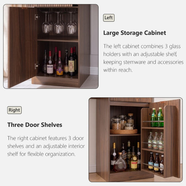 English Elm K&k Fluted Corner Bar Cabinet with Fridge Space Power Outlet and Wine Glass Holders Walnut Brown N707S542031Z