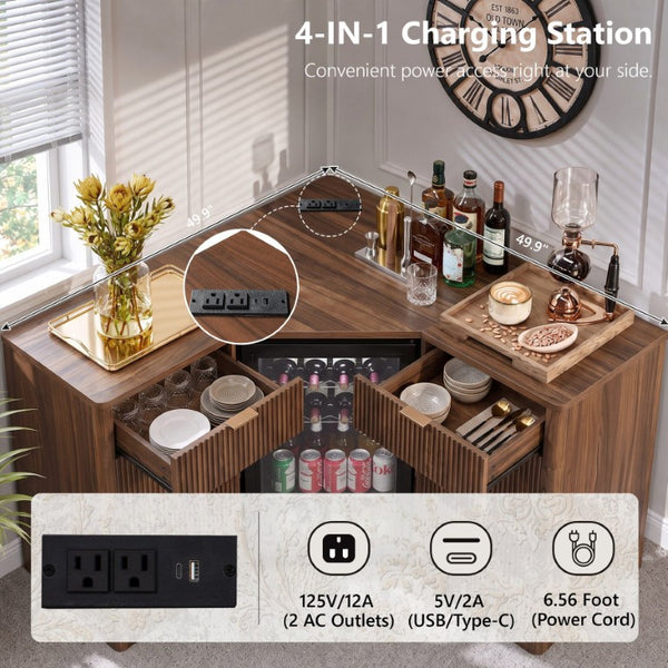 English Elm K&k Fluted Corner Bar Cabinet with Fridge Space Power Outlet and Wine Glass Holders Walnut Brown N707S542031Z
