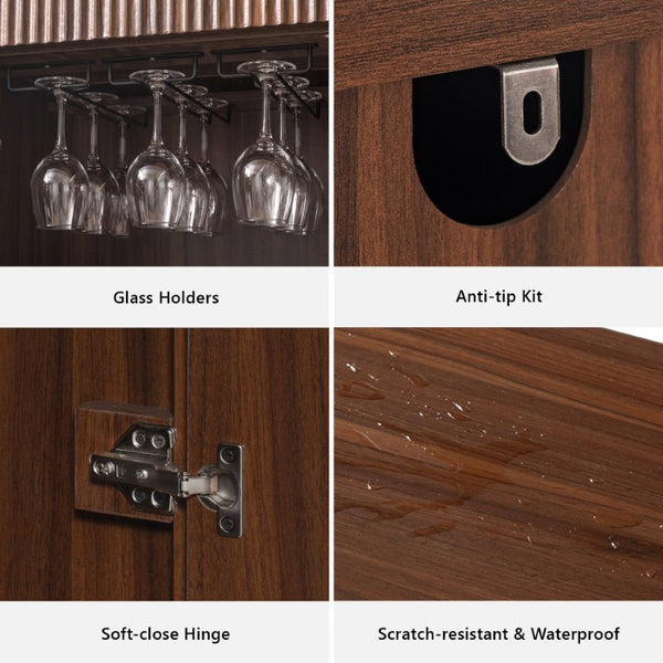 English Elm K&k Fluted Corner Bar Cabinet with Fridge Space Power Outlet and Wine Glass Holders Walnut Brown N707S542031Z