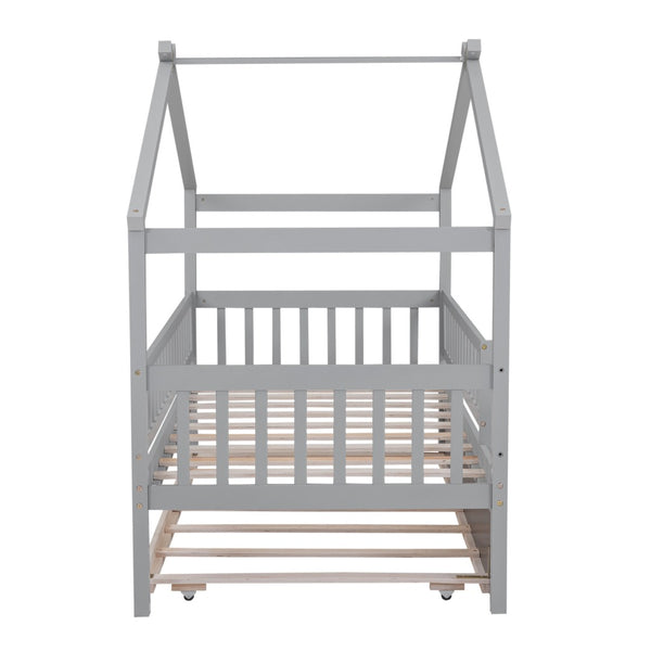 English Elm Twin House Bed with Trundle Solid Pine Kids Frame Gray Modern Playroom Sleep N708P357115E