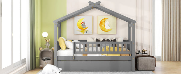 English Elm Twin House Bed with Trundle Solid Pine Kids Frame Gray Modern Playroom Sleep N708P357115E