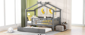English Elm Twin House Bed with Trundle Solid Pine Kids Frame Gray Modern Playroom Sleep N708P357115E