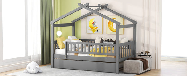 English Elm Twin House Bed with Trundle Solid Pine Kids Frame Gray Modern Playroom Sleep N708P357115E
