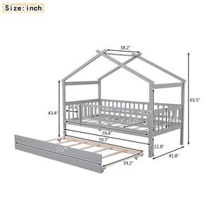 English Elm Twin House Bed with Trundle Solid Pine Kids Frame Gray Modern Playroom Sleep N708P357115E