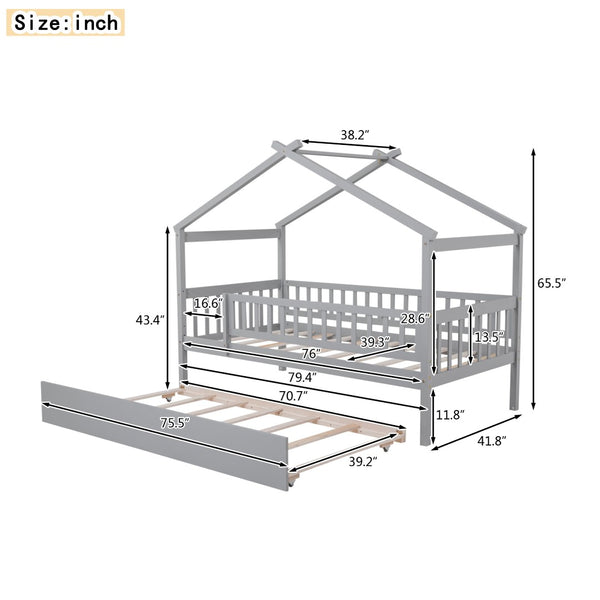 English Elm Twin House Bed with Trundle Solid Pine Kids Frame Gray Modern Playroom Sleep N708P357115E