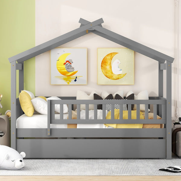 English Elm Twin House Bed with Trundle Solid Pine Kids Frame Gray Modern Playroom Sleep N708P357115E
