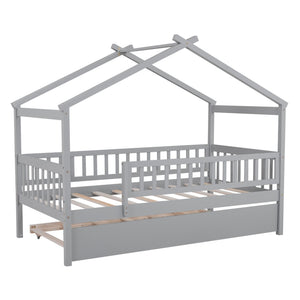 English Elm Twin House Bed with Trundle Solid Pine Kids Frame Gray Modern Playroom Sleep N708P357115E