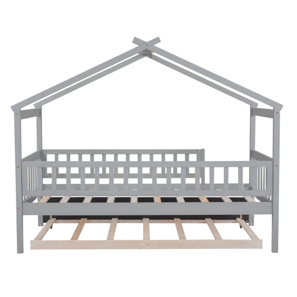 English Elm Twin House Bed with Trundle Solid Pine Kids Frame Gray Modern Playroom Sleep N708P357115E