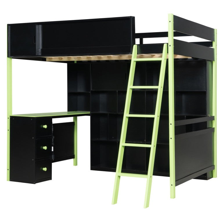 English Elm Full Size Gaming Loft Bed with Desk LED Lighting Shelving Wall and Storage Drawers N708P371193F