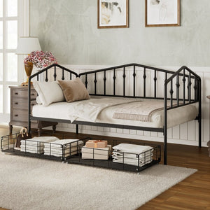 English Elm Twin Metal Daybed with Storage Drawers Powder Coated Iron Frame Guest Room Sofa Black Twin N708P395931B