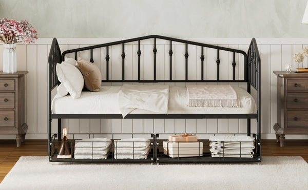 English Elm Twin Metal Daybed with Storage Drawers Powder Coated Iron Frame Guest Room Sofa Black Twin N708P395931B