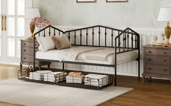 English Elm Twin Metal Daybed with Storage Drawers Powder Coated Iron Frame Guest Room Sofa Black Twin N708P395931B