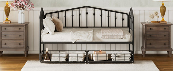English Elm Twin Metal Daybed with Storage Drawers Powder Coated Iron Frame Guest Room Sofa Black Twin N708P395931B