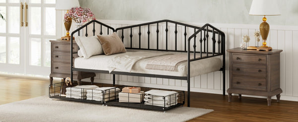English Elm Twin Metal Daybed with Storage Drawers Powder Coated Iron Frame Guest Room Sofa Black Twin N708P395931B