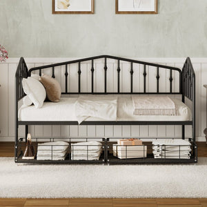 English Elm Twin Metal Daybed with Storage Drawers Powder Coated Iron Frame Guest Room Sofa Black Twin N708P395931B