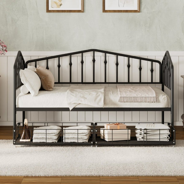 English Elm Twin Metal Daybed with Storage Drawers Powder Coated Iron Frame Guest Room Sofa Black Twin N708P395931B