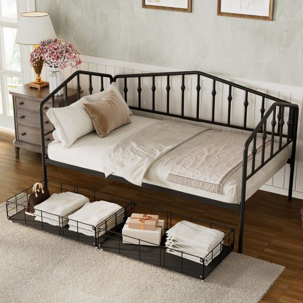 English Elm Twin Metal Daybed with Storage Drawers Powder Coated Iron Frame Guest Room Sofa Black Twin N708P395931B