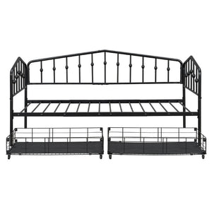 English Elm Twin Metal Daybed with Storage Drawers Powder Coated Iron Frame Guest Room Sofa Black Twin N708P395931B