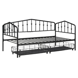 English Elm Twin Metal Daybed with Storage Drawers Powder Coated Iron Frame Guest Room Sofa Black Twin N708P395931B