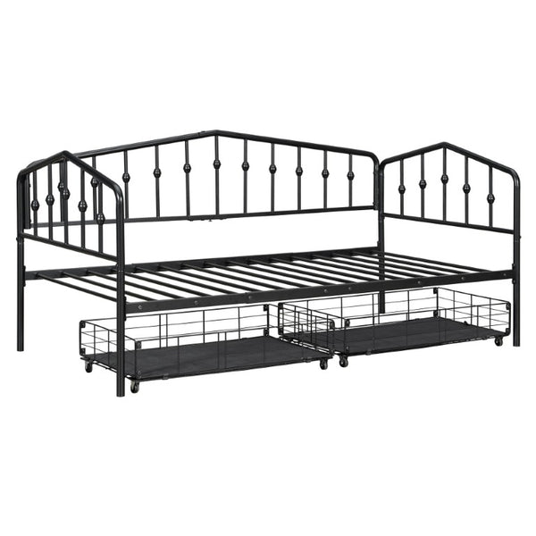English Elm Twin Metal Daybed with Storage Drawers Powder Coated Iron Frame Guest Room Sofa Black Twin N708P395931B