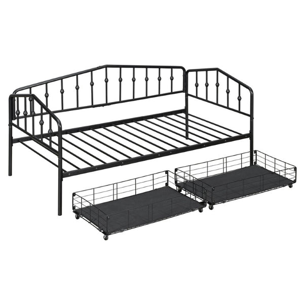 English Elm Twin Metal Daybed with Storage Drawers Powder Coated Iron Frame Guest Room Sofa Black Twin N708P395931B