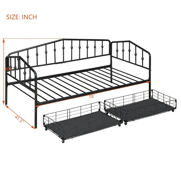 English Elm Twin Metal Daybed with Storage Drawers Powder Coated Iron Frame Guest Room Sofa Black Twin N708P395931B