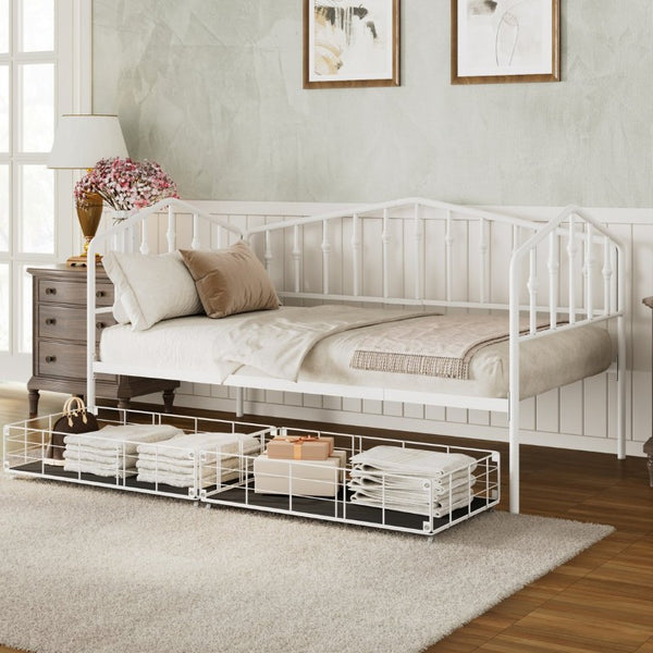 English Elm Twin Metal Daybed with Adjustable Folding Trundle for Guest Rooms and Studio Apartments White With 2 Drawers N708P395931K